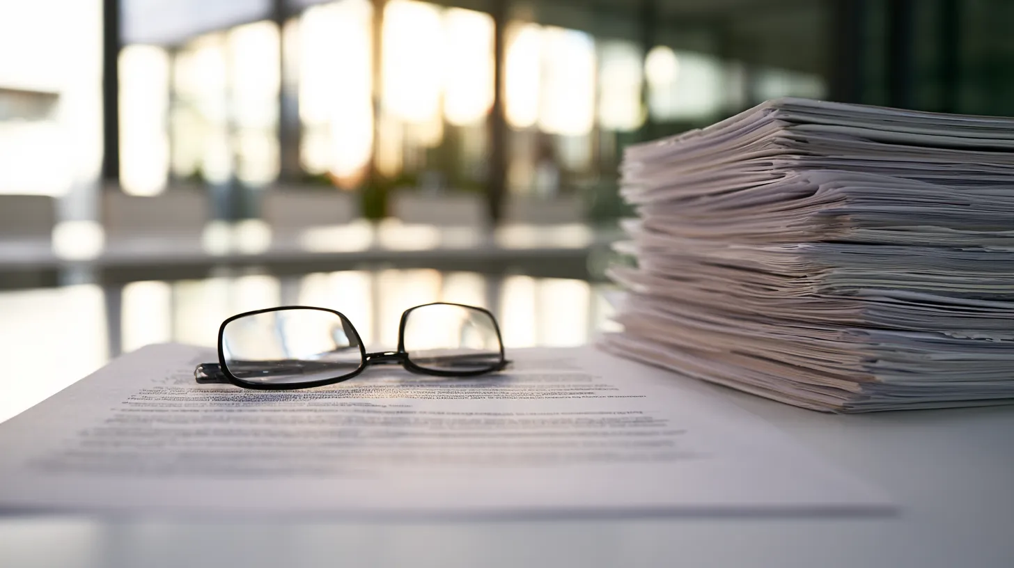 Reading glasses resting on a single-page briefing document on a boardroom table, beside a thick stack of technical report pages, with a sunlit glass-walled office blurred in the background