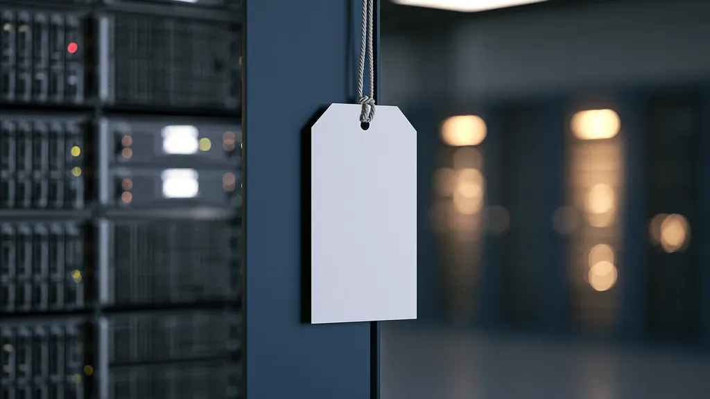 A blank paper price tag hangs by a string against a dark server rack, rows of status lights blurred in the background.